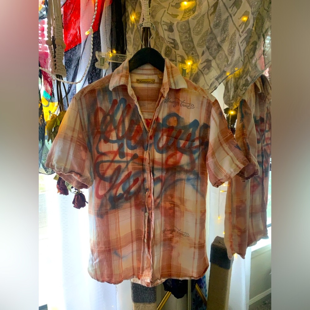 spray painted, casual button down shirt